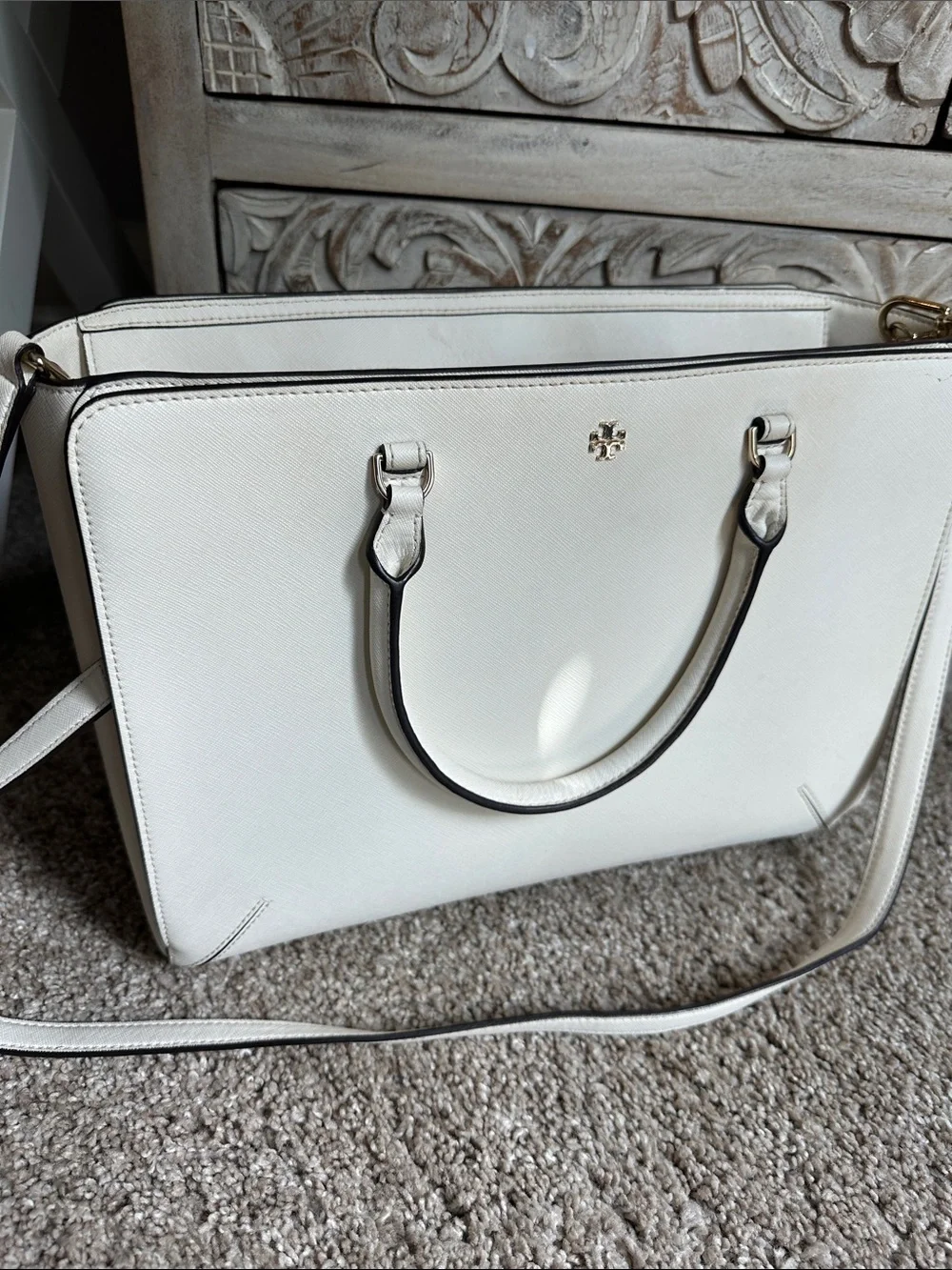 Tory Burch Cream Saffiano Leather Satchel with Detachable Strap